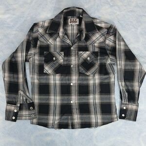 Ely Cattleman Black Gray Plaid Rodeo Western Pearl Snap Shirt Boys SZ S